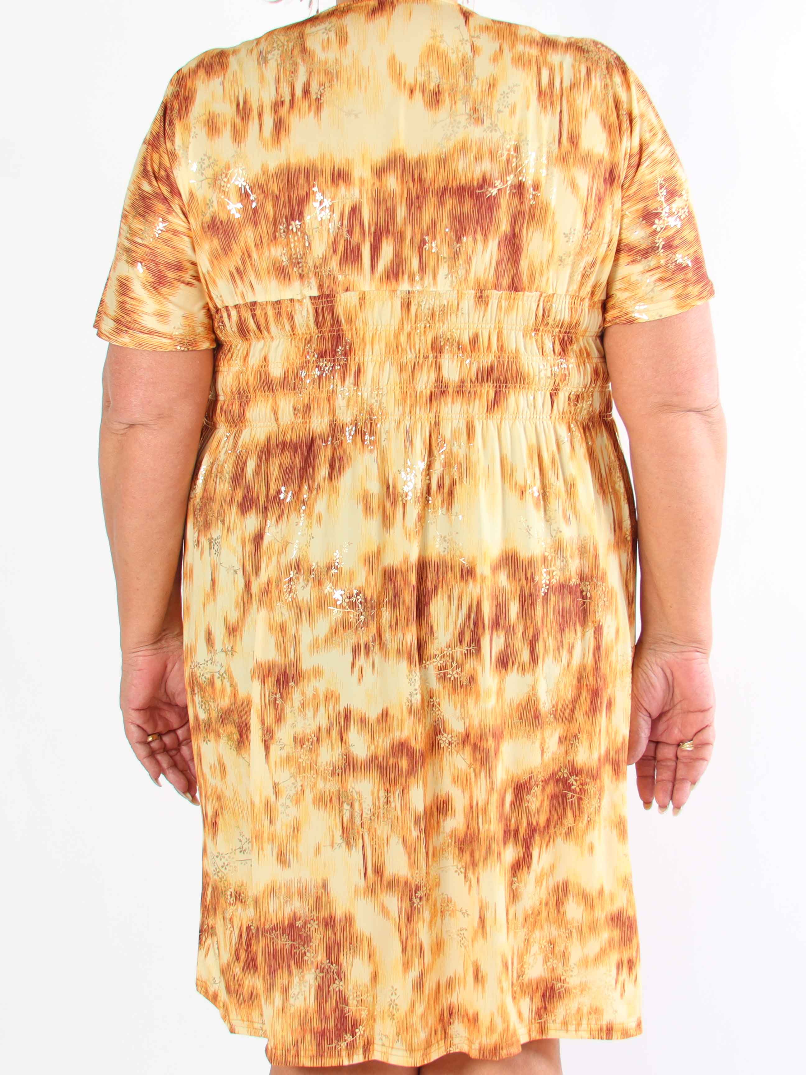 Pams Art Short - Plus size elastisk kjole med guld blomster